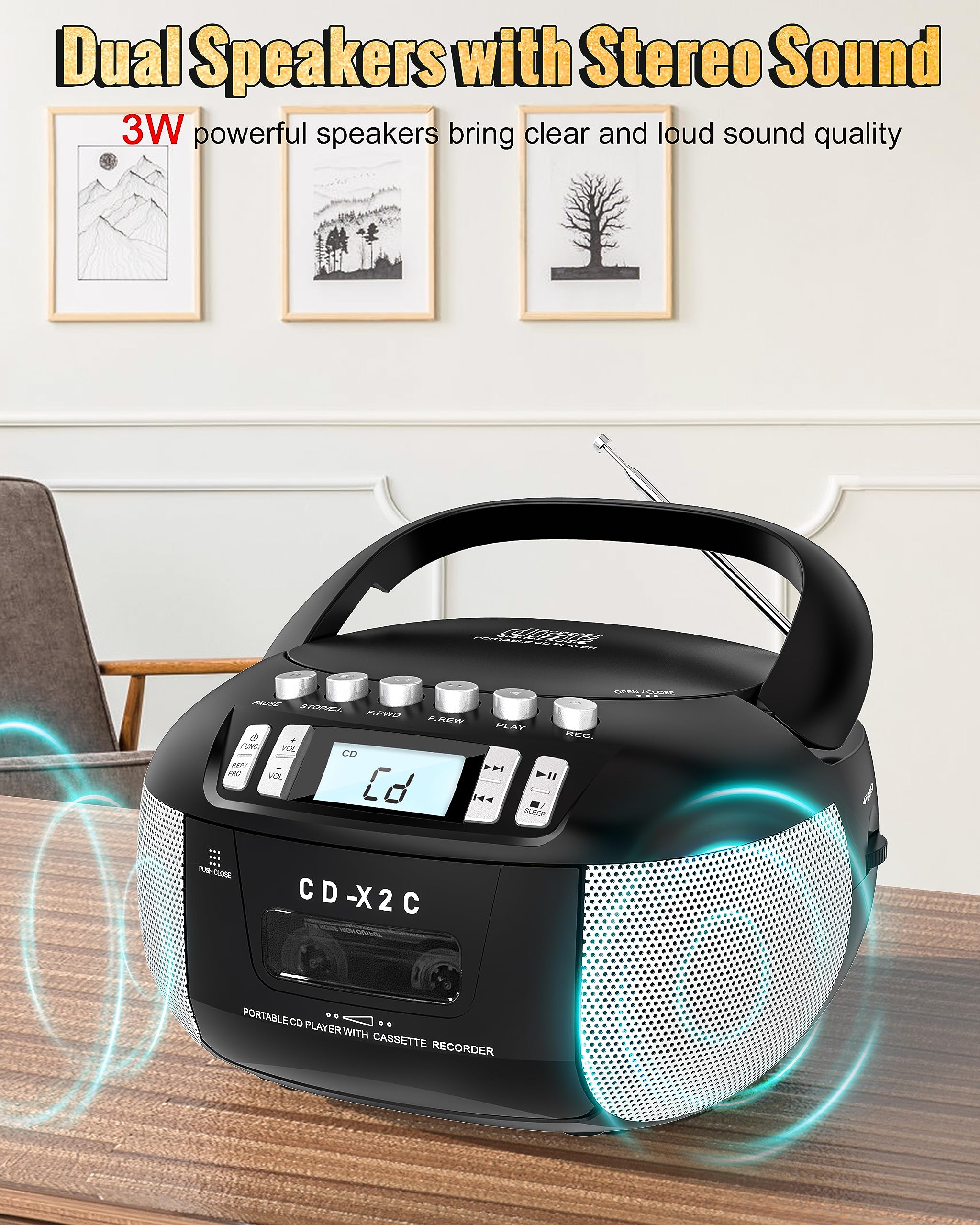 Sunoony Cd And Cassette Player Combo, Boombox Cd Player Portable With Am/Fm Radio, Tape Recording, Stereo Sound, Ac/Dc Powered,